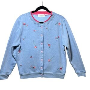 Vintage Shenanigans Floral Embroidered Button Front Sweatshirt Cardigan Blue L